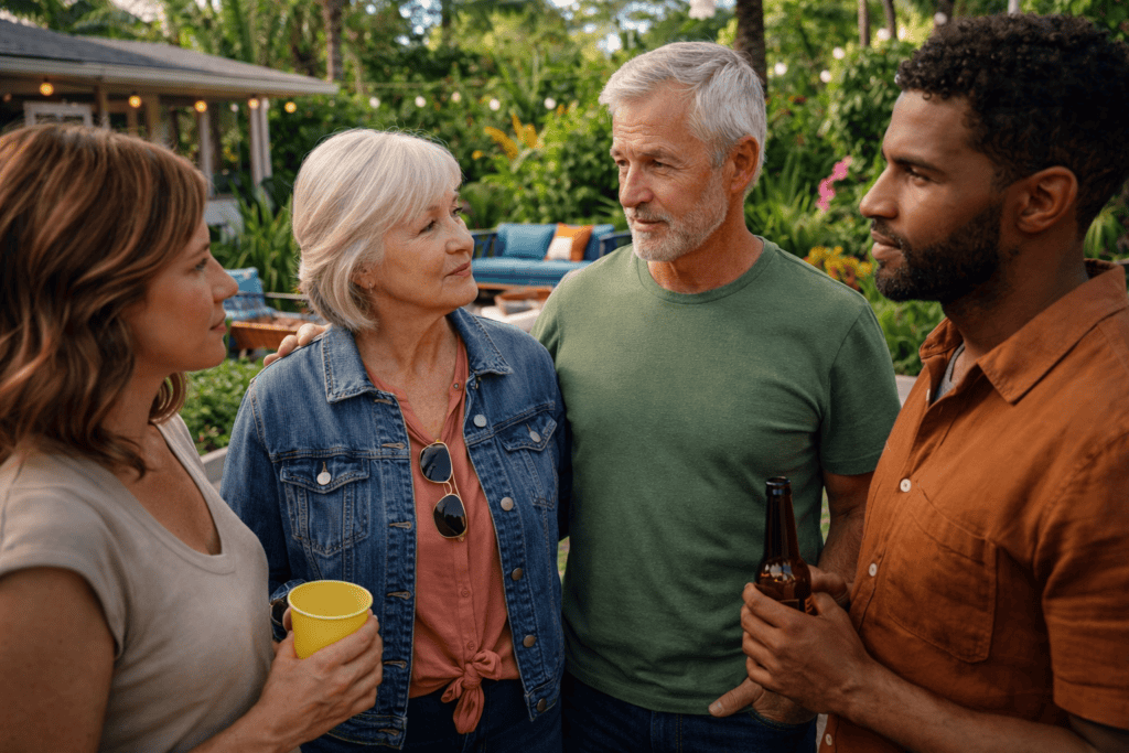 Older couple and adult daughter meeting with a real estate transition guide