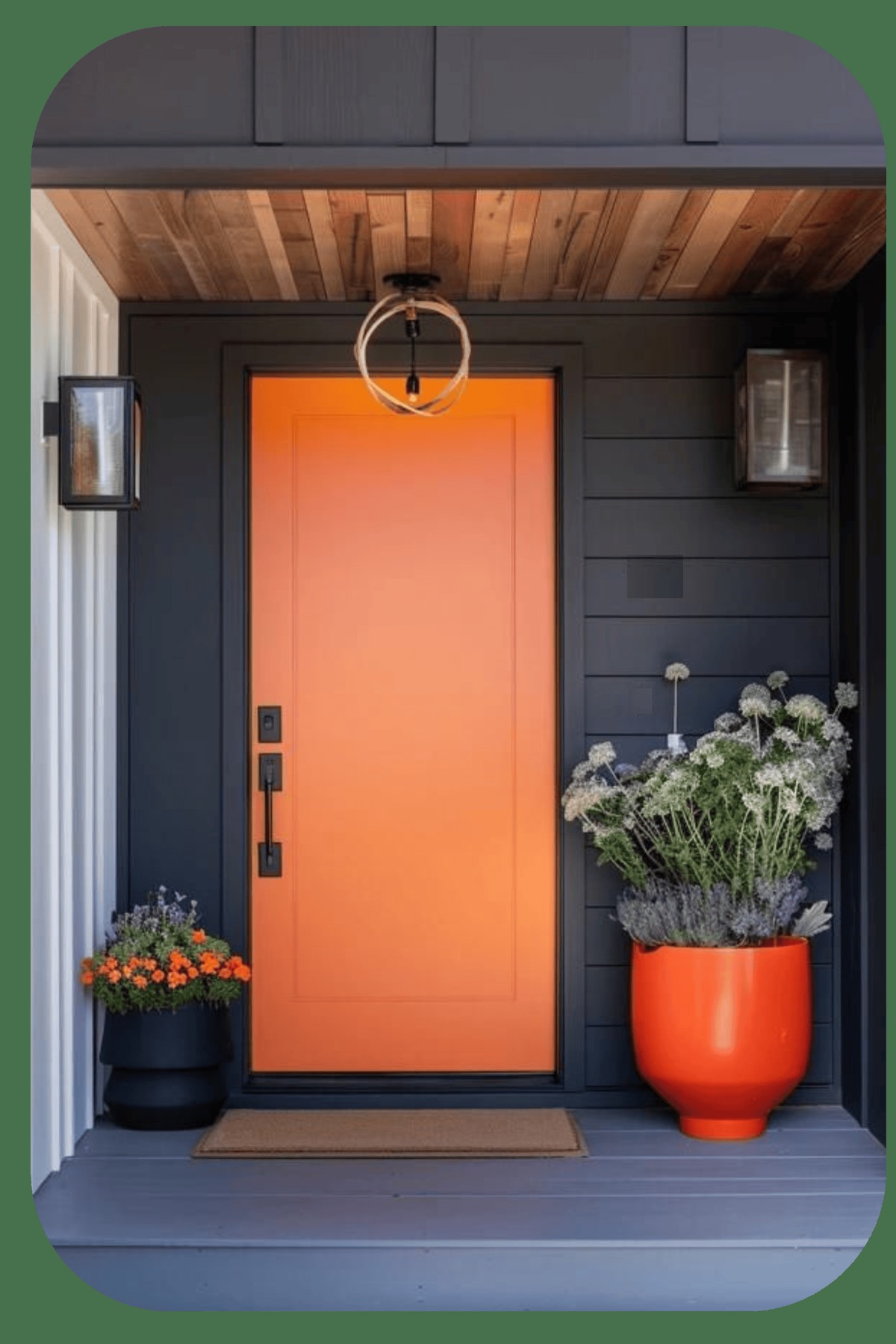 An orange front door on a home with dark siding and potted plants by the step