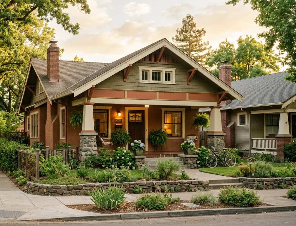 A brick and green Craftsman bungalow on a tree-lined corner at golden hour