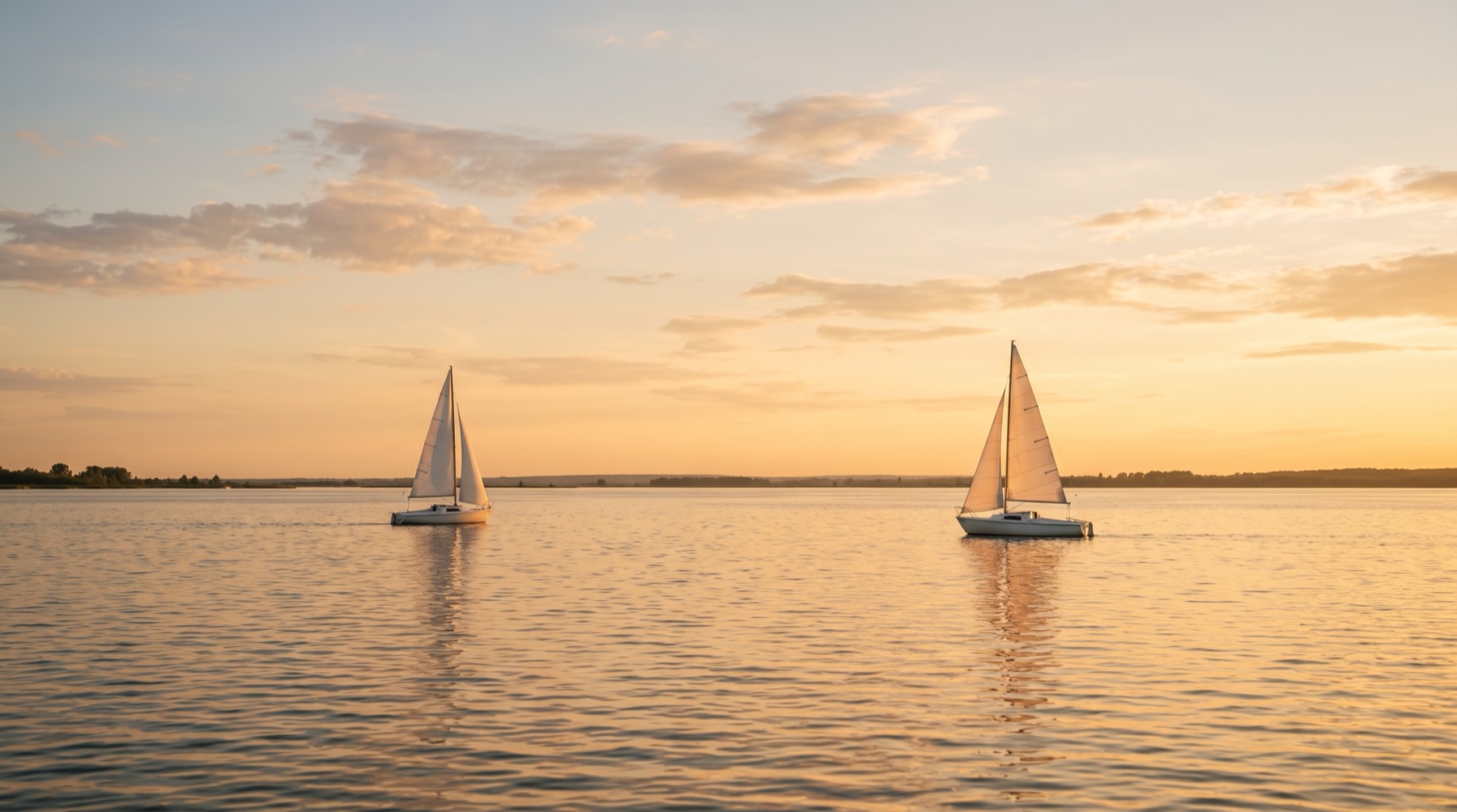Two small sailboats on calm water at sunset, each on its own course