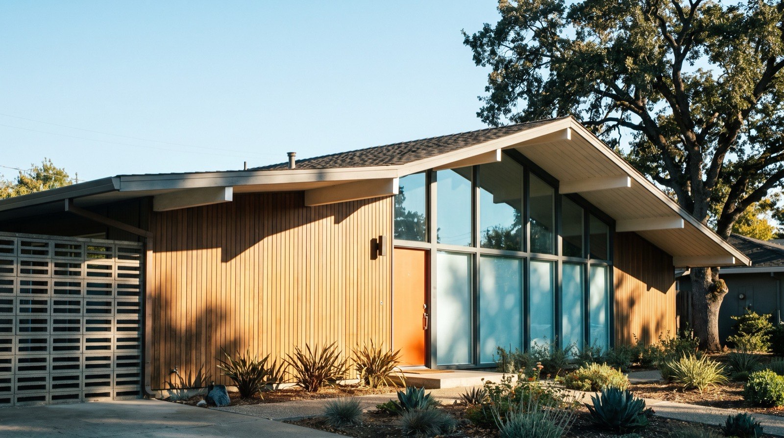 A mid-century modern house with post-and-beam construction, a low gabled roof, a wall of glass and a breeze-block screen wall