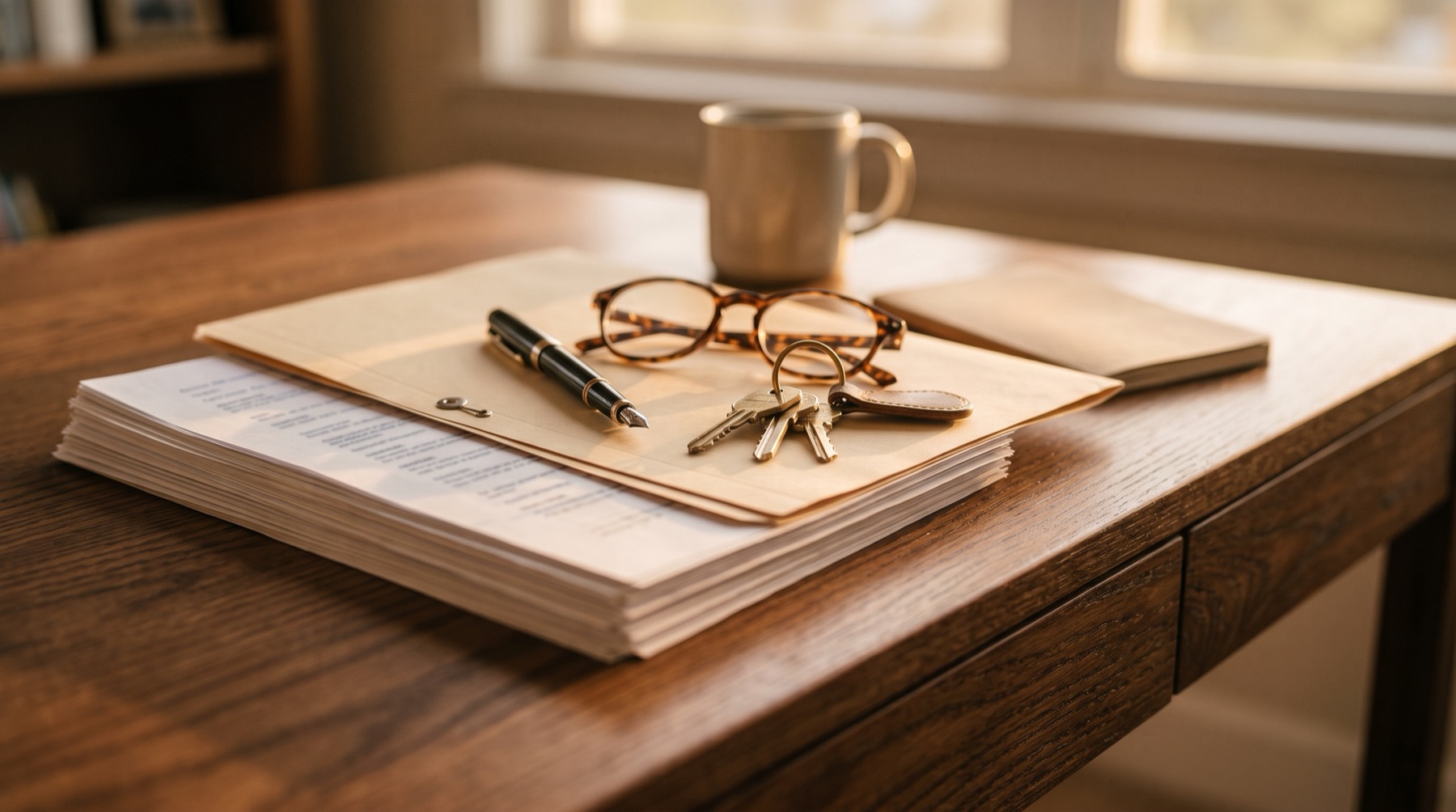 A stack of papers and a folder on a wooden desk with reading glasses, a pen and house keys
