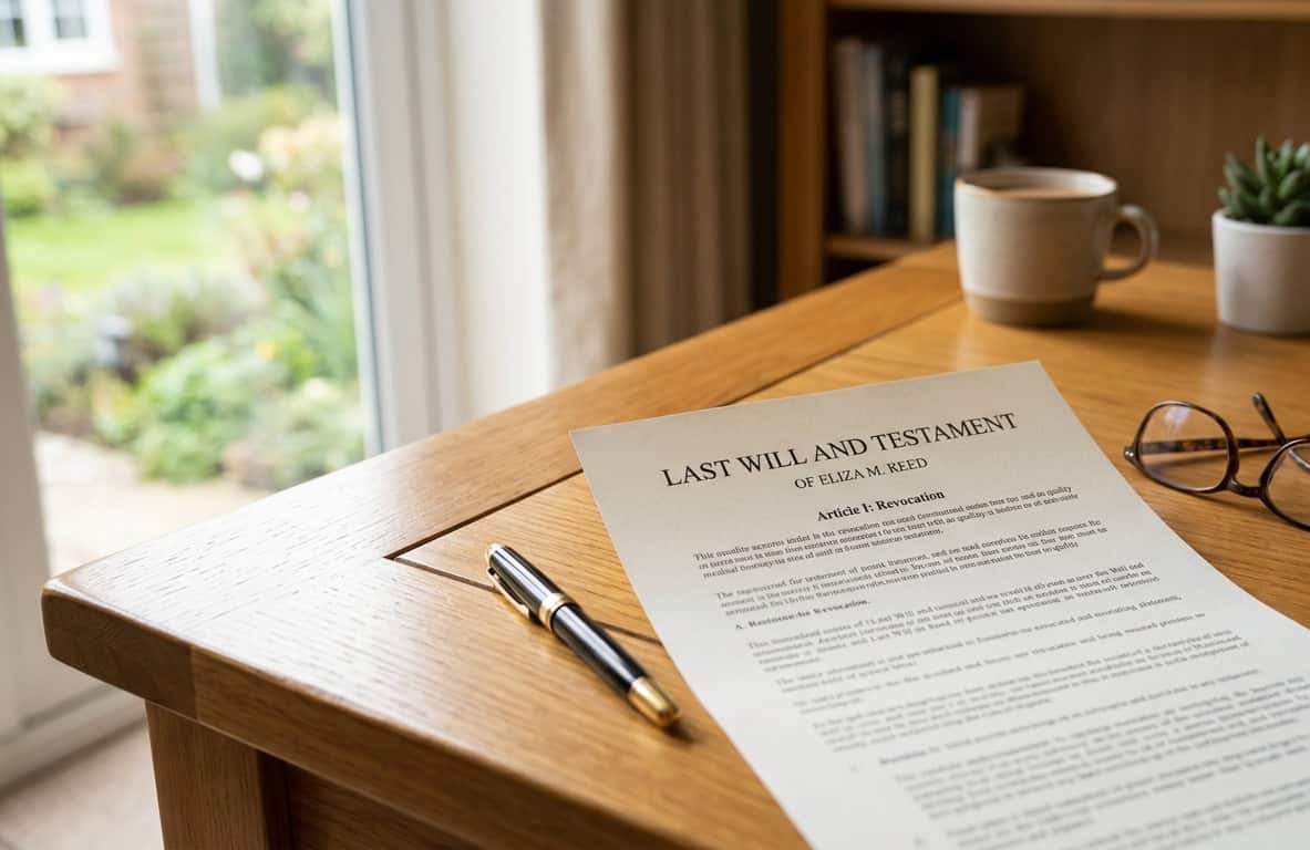 A will, a pen, reading glasses and a mug on a desk by a sunny window