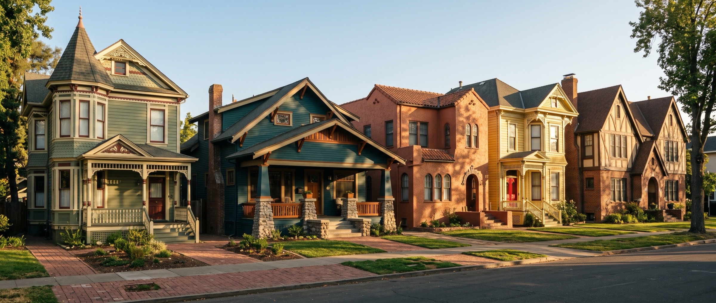 A row of colorful restored Victorian, Craftsman, Spanish and Tudor homes on a Sacramento street at golden hour
