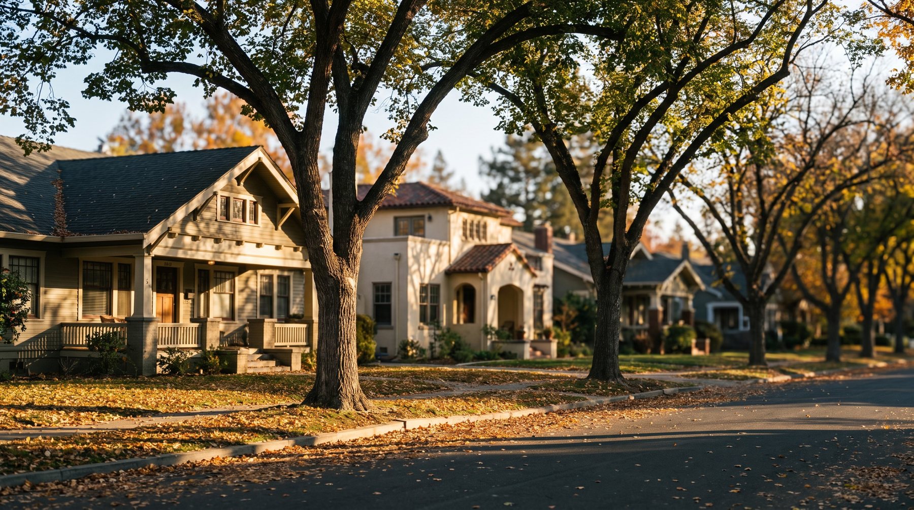 A quiet tree-lined Sacramento street of craftsman homes in fall color (illustration)