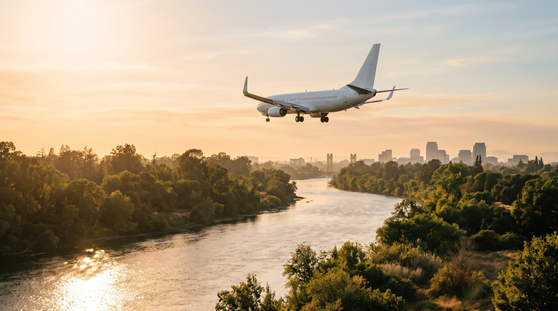 A plane coming in to land over the Sacramento River at sunset, with the downtown skyline beyond
