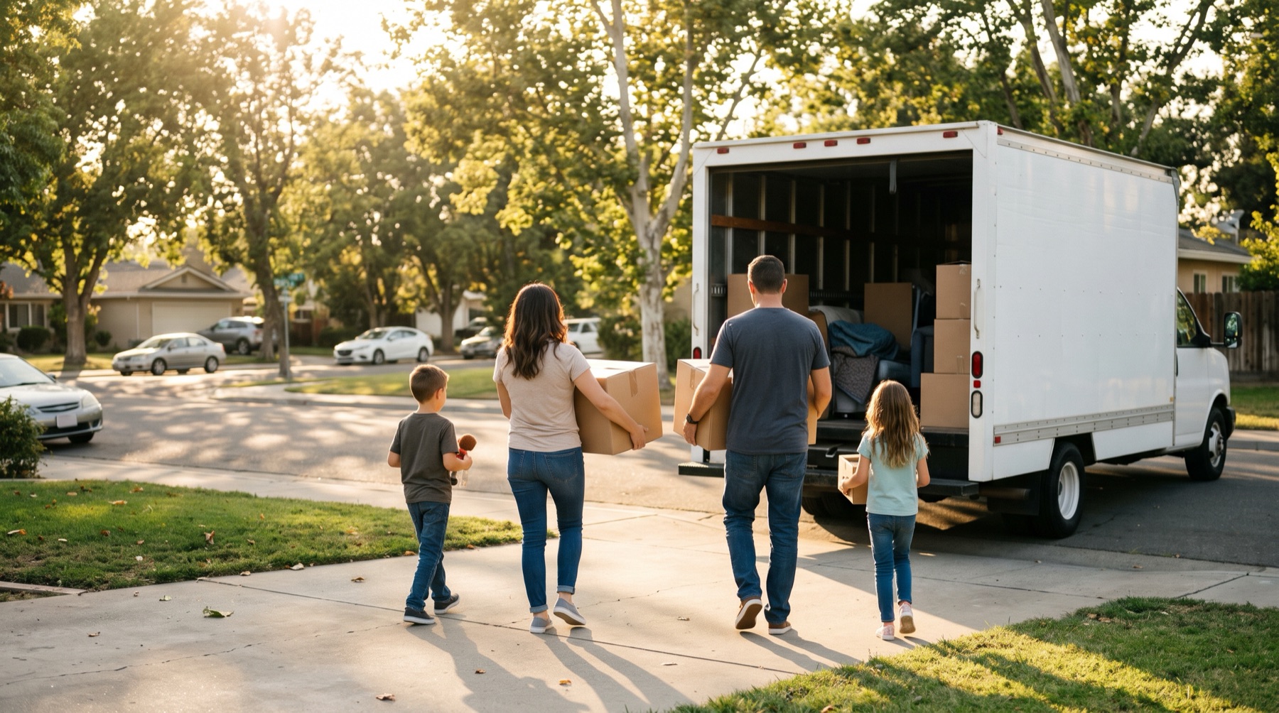 A family carrying boxes down the driveway to a moving truck on a tree-lined street