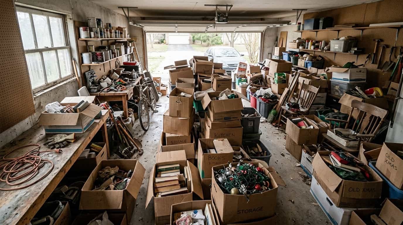 A garage filled with labeled moving boxes and stored belongings before a cleanout