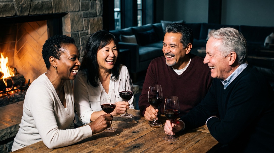 Four friends of different backgrounds laughing over a wine tasting by the fire