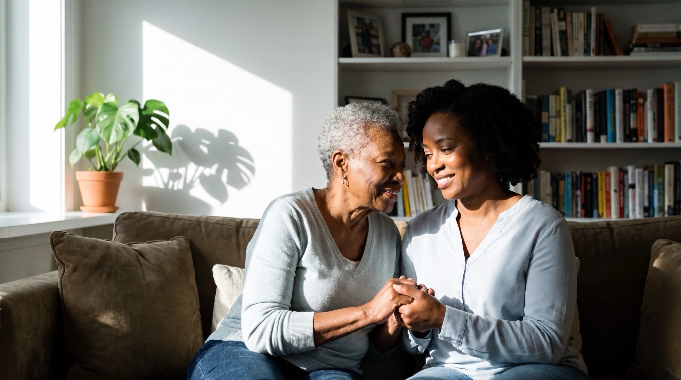 An adult daughter holding her mother's hands on the living room sofa