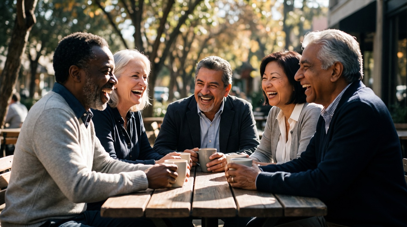 A mixed group of friends laughing together over coffee at an outdoor café table