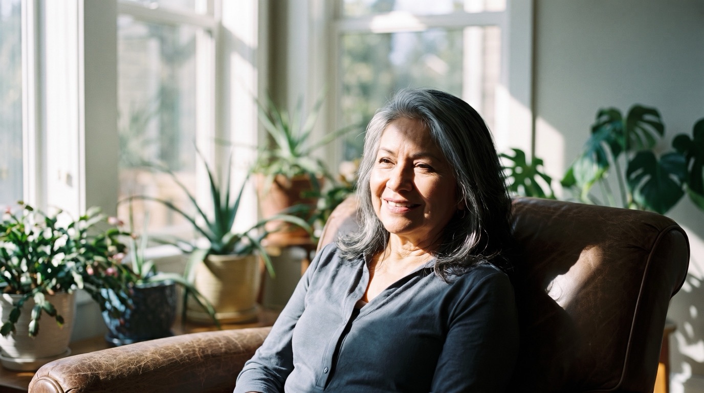 A smiling woman relaxing in an armchair among plants in her bright living room