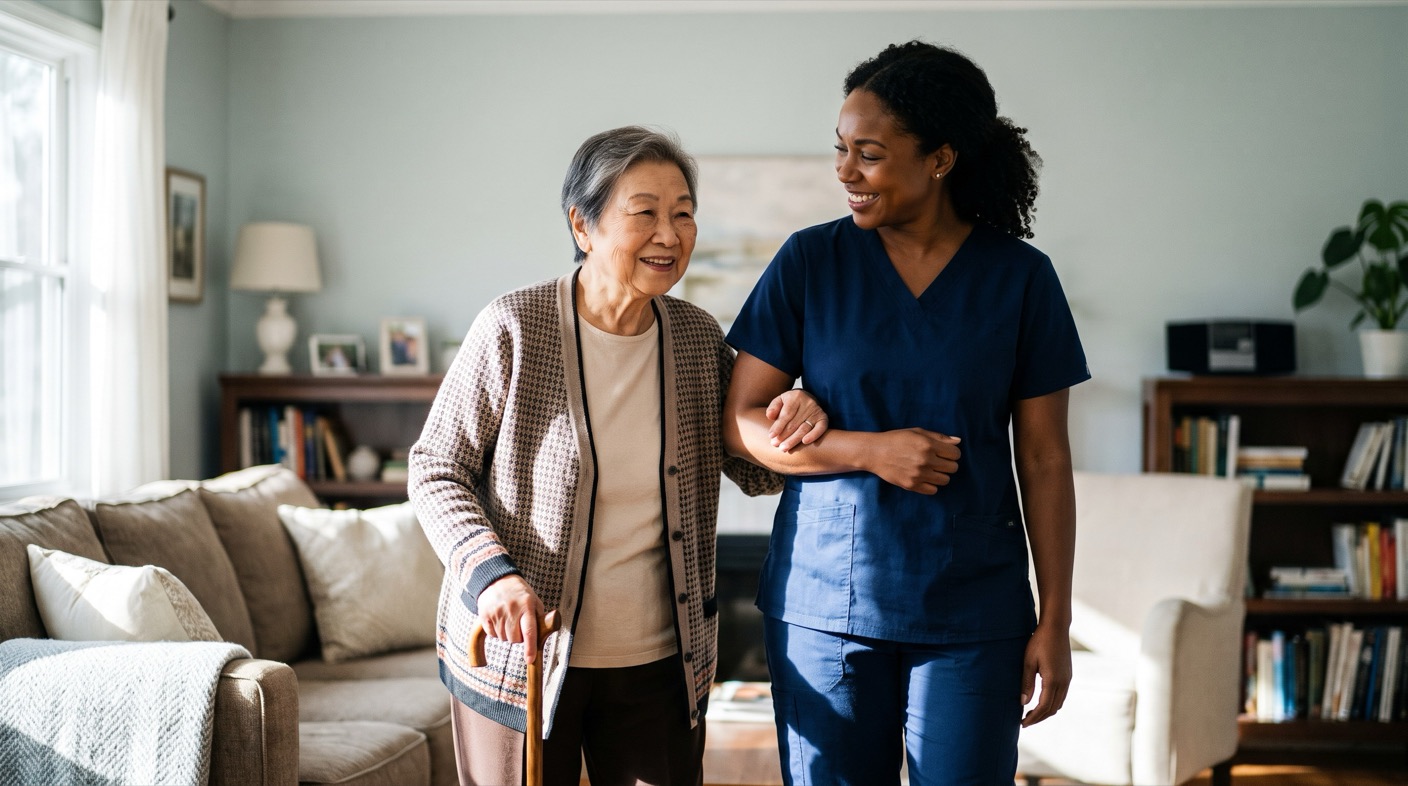 A smiling woman with a cane walking arm in arm with a caregiver in her living room
