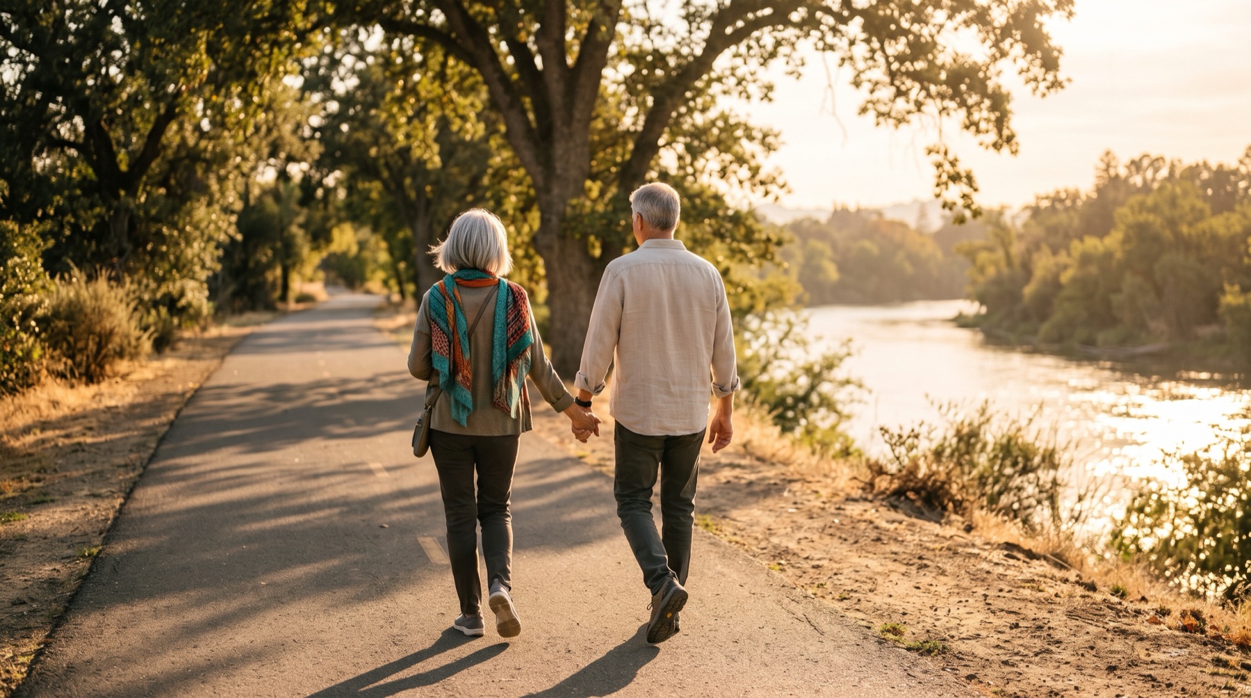 An older couple walking hand in hand along a riverside trail under oak trees at sunset
